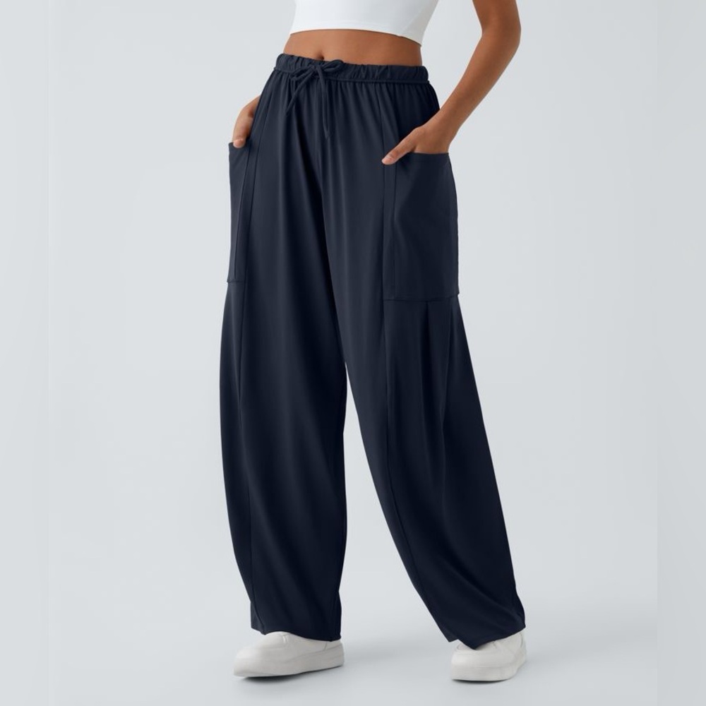 HALARA Mid Rise Pocket Palazzo Flowy Wide Leg Casual Pants Dark Sapphire S